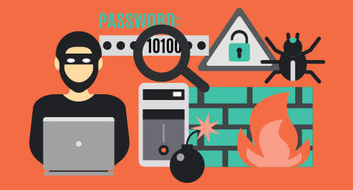 Hacker, fire, and other threats represent IT security issues.